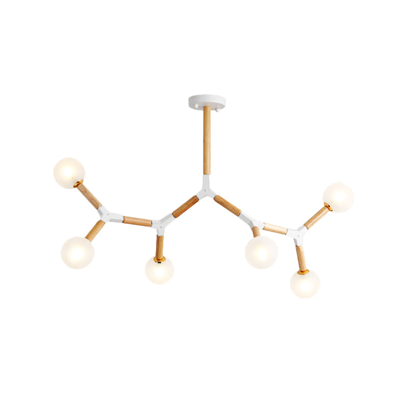 Wooden Branch Chandelier With 6 Lights Beige Hanging Lamp Kit And Frosted Glass Shade