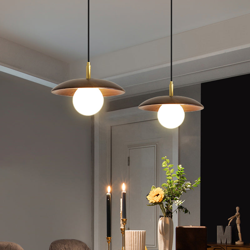 Modern White Glass Ball/Bun Suspension Lamp With Wood Saucer Top In Brown - 1-Light Down Lighting