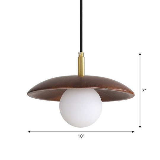 Modern White Glass Ball/Bun Suspension Lamp With Wood Saucer Top In Brown - 1-Light Down Lighting