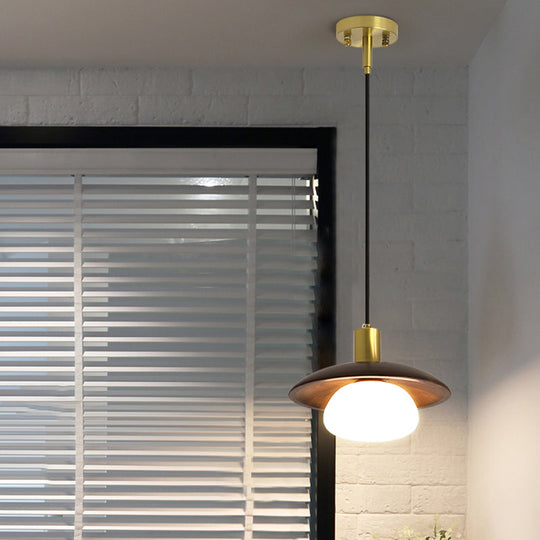 Modern White Glass Ball/Bun Suspension Lamp With Wood Saucer Top In Brown - 1-Light Down Lighting /