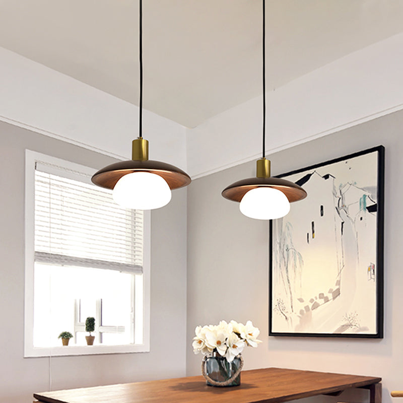 Modern White Glass Ball/Bun Suspension Lamp With Wood Saucer Top In Brown - 1-Light Down Lighting