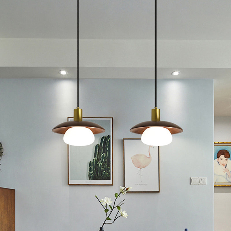 Modern White Glass Ball/Bun Suspension Lamp With Wood Saucer Top In Brown - 1-Light Down Lighting