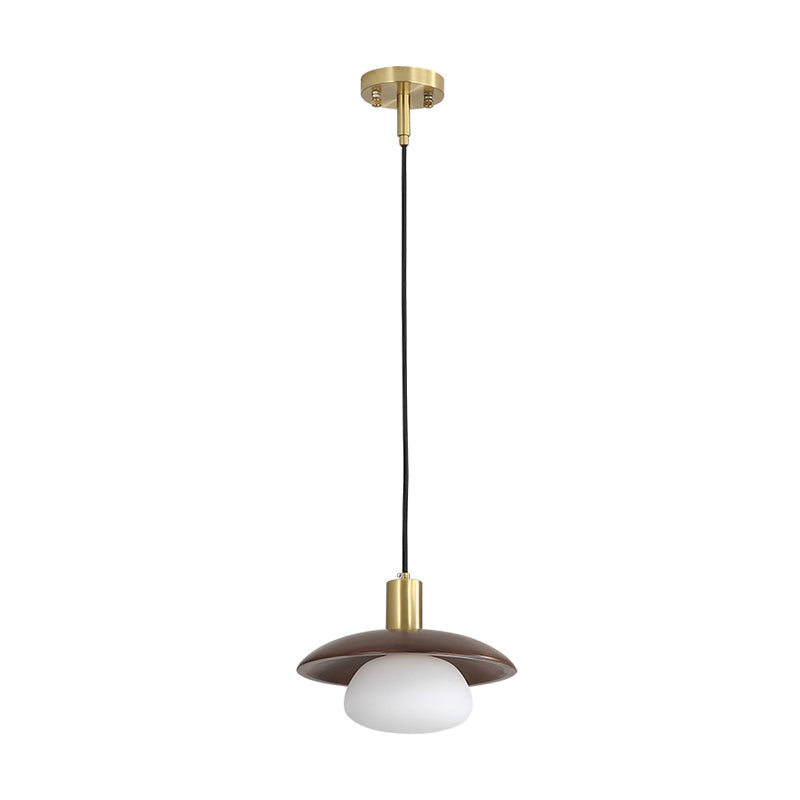 Modern White Glass Ball/Bun Suspension Lamp With Wood Saucer Top In Brown - 1-Light Down Lighting