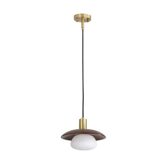 Modern White Glass Ball/Bun Suspension Lamp With Wood Saucer Top In Brown - 1-Light Down Lighting