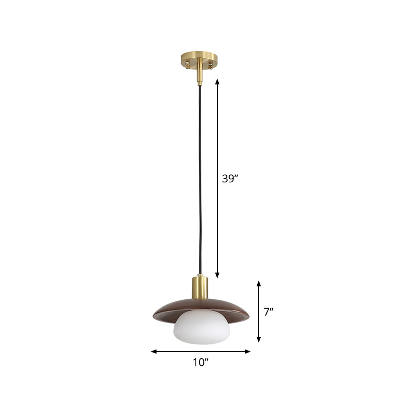 Modern White Glass Ball/Bun Suspension Lamp With Wood Saucer Top In Brown - 1-Light Down Lighting
