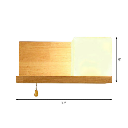 Cubic Wall Sconce Light With Opaque Glass And Wood Backplate In Beige
