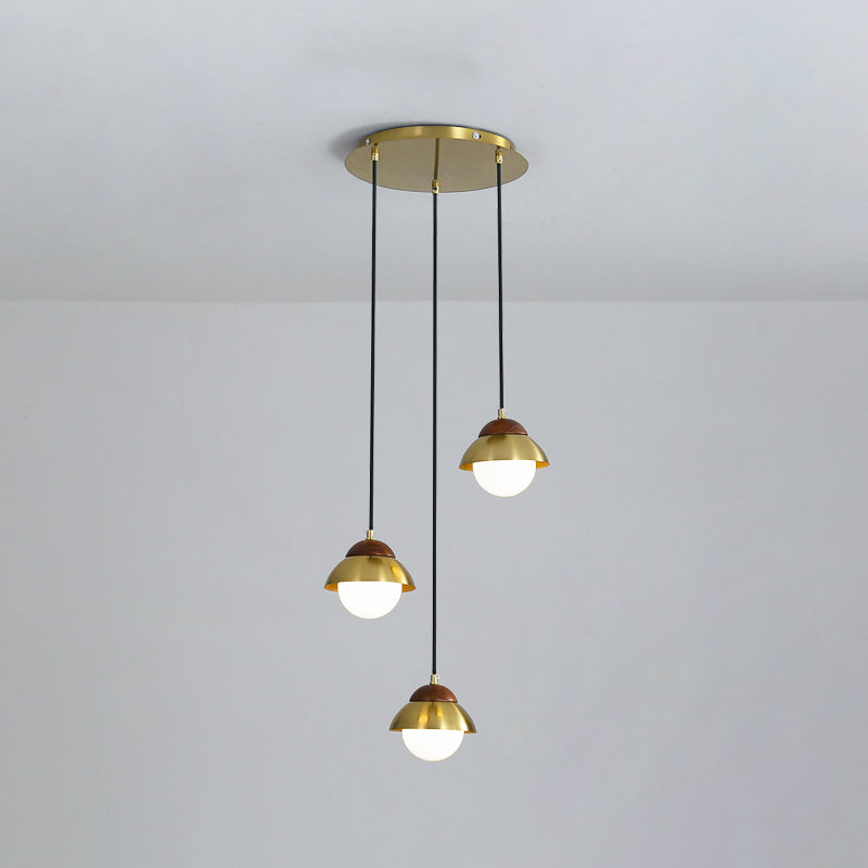 Sleek Brass Hanging Pendant Light Kit With Opal Glass Shades - Metal Dome & Multiple Lamp Design 3