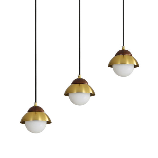 Sleek Brass Hanging Pendant Light Kit With Opal Glass Shades - Metal Dome & Multiple Lamp Design 3