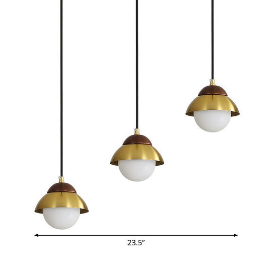 Sleek Brass Hanging Pendant Light Kit With Opal Glass Shades - Metal Dome & Multiple Lamp Design 3