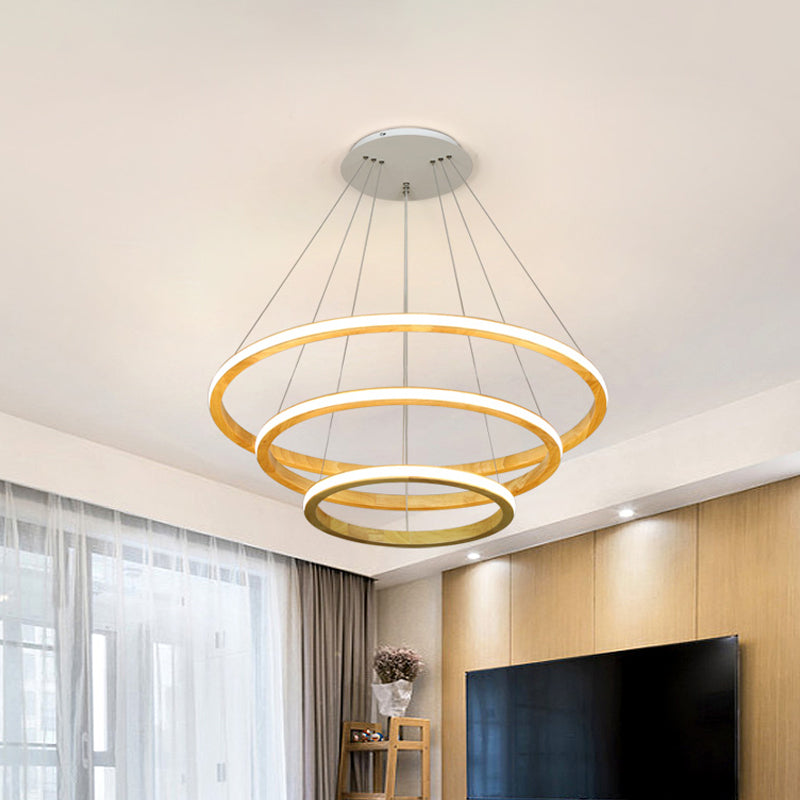 Minimalist Wood Rings Chandelier Pendant Light – Beige Led 21’/25’ Width