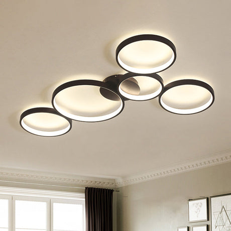 Modern Metal Bubble Rings Flush Mount Led Ceiling Light - 3/4/5-Head Black Surface