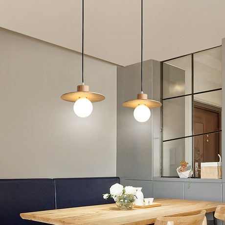 Minimalist Circular Wood Led Mini Pendant Lamp For Bedroom Ceiling In Beige