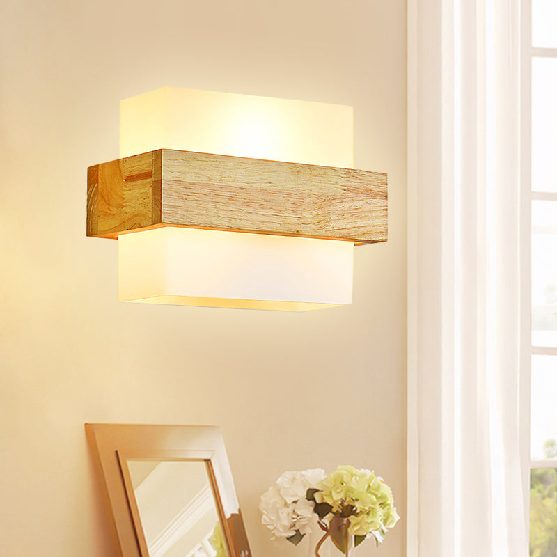 Minimalist Cube Wall Sconce With Opal Glass And Wood Detail Beige / A
