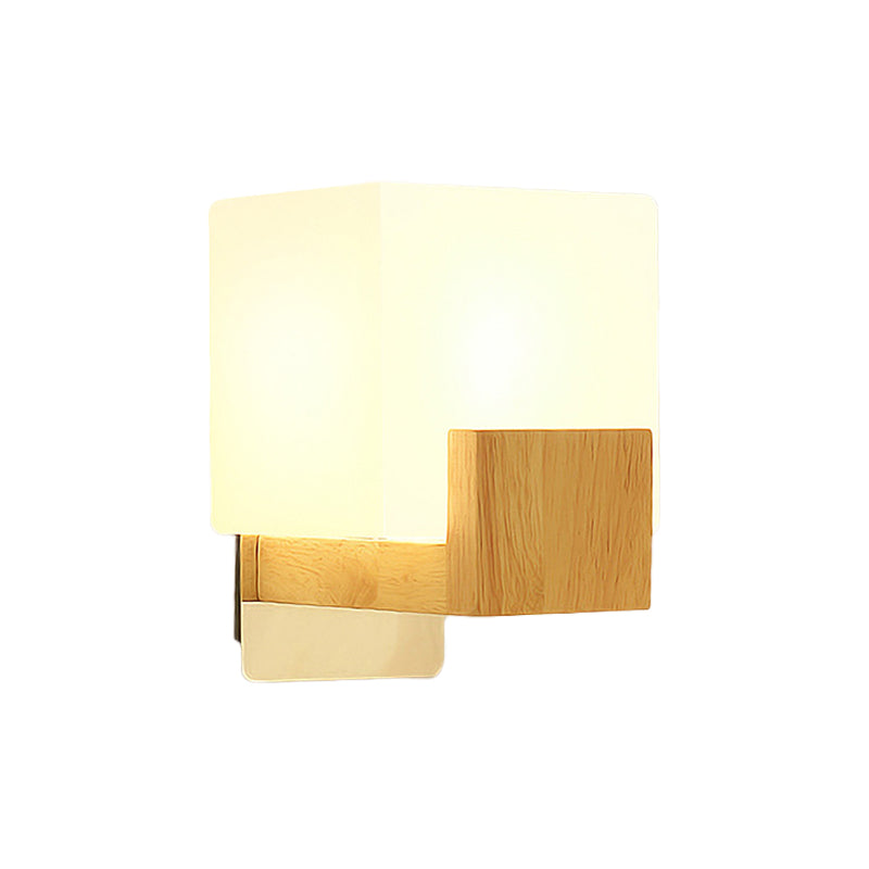 Minimalist Cube Wall Sconce With Opal Glass And Wood Detail