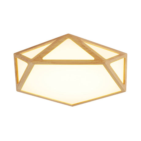 Pentagon Parlor Led Ceiling Fixture Minimalist Flush Lamp In Beige With Wood Frame - 16.5/20.5/24.5