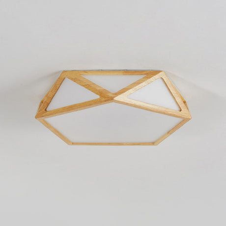 Pentagon Parlor Led Ceiling Fixture Minimalist Flush Lamp In Beige With Wood Frame - 16.5/20.5/24.5