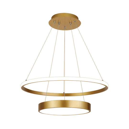 Modern 2-Tier Metallic Ring Led Chandelier In Gold - Warm/White Lighting