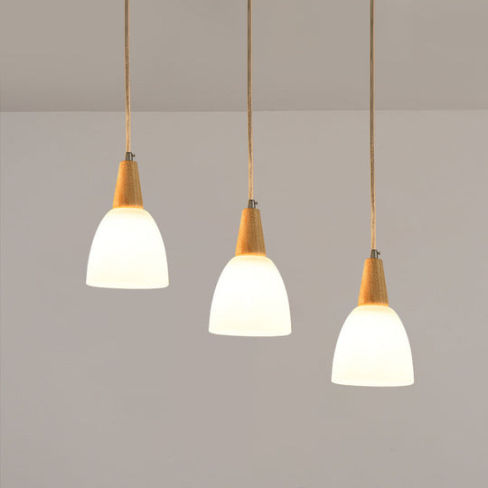 Contemporary Frosted Glass Dome Pendant: 3-Light Beige Suspension Lamp With Wood Top