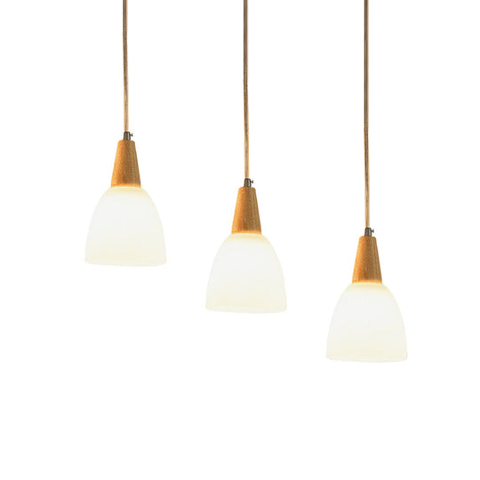 Contemporary Frosted Glass Dome Pendant: 3-Light Beige Suspension Lamp With Wood Top