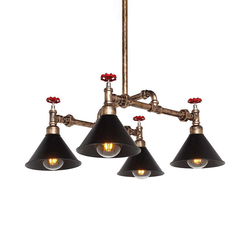 Vintage Metal Pendant Lighting - Stylish Cone Shade Chandelier Fixture With Red Valve (4/6 Lights)