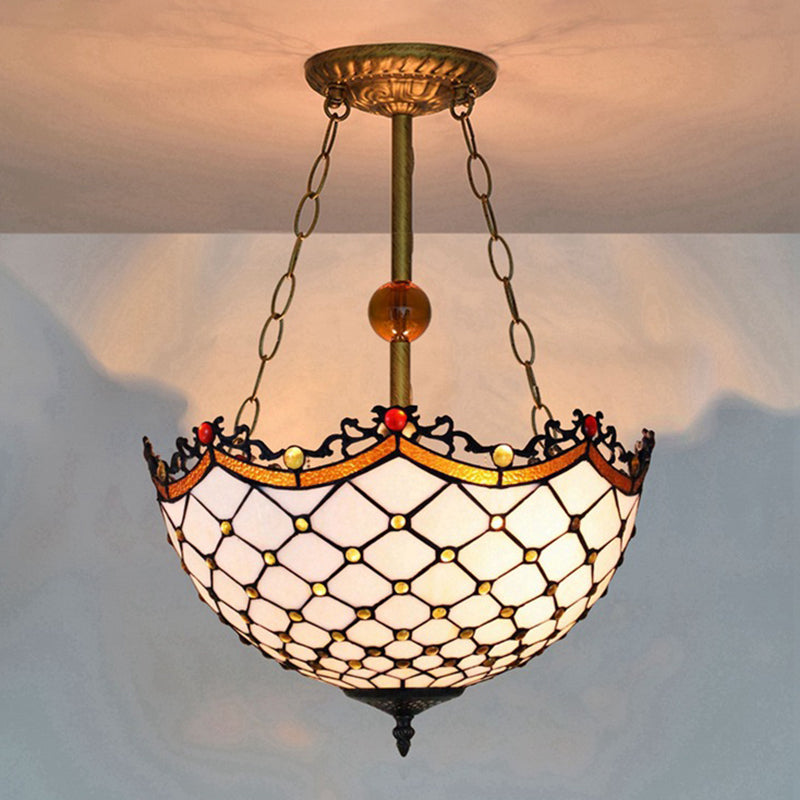Stained Glass Semi Flushmount With Scalloped Inverted Design - 3 Lights For Traditional Living Room