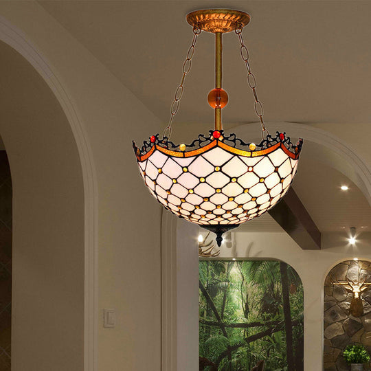 Stained Glass Semi Flushmount With Scalloped Inverted Design - 3 Lights For Traditional Living Room
