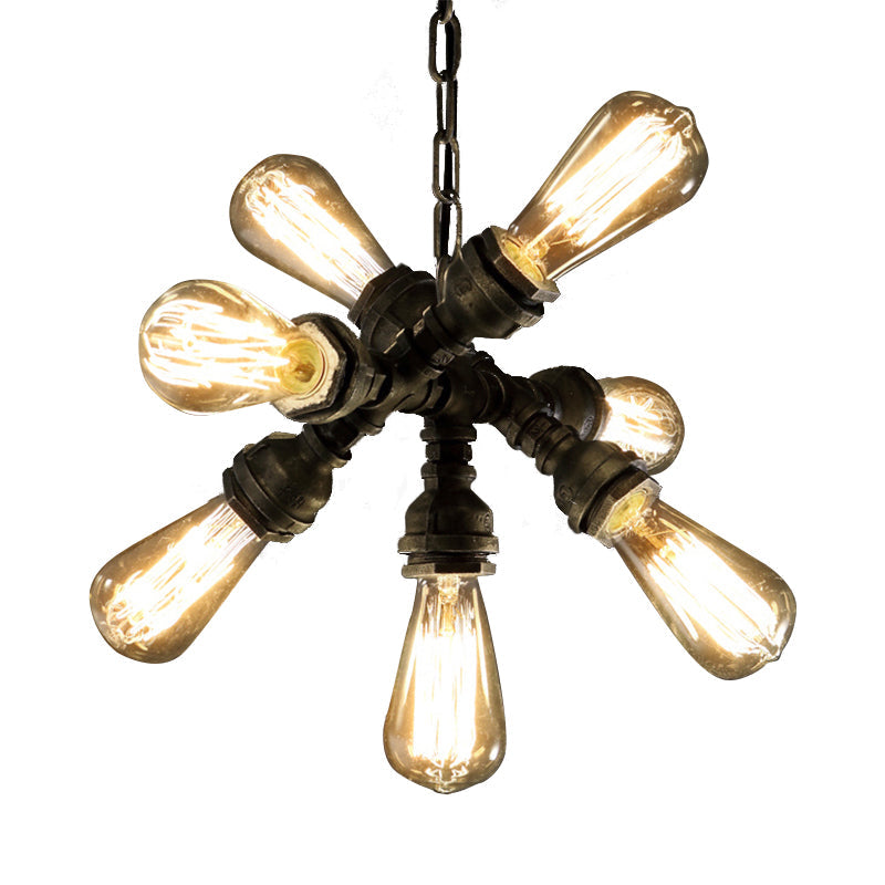 Antique Bronze Chandelier With 7 Bulbs – Vintage Metal Pipe Pendant Light Fixture