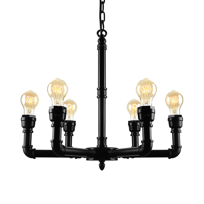 Vintage Metal Pendant Chandelier Lamp: 3/6 Heads Bare Bulb Design With Water Pipe Accent - Black