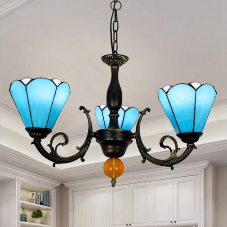 Vintage Sky Blue Stained Glass Chandelier - Conic Shape 3 Lights Decorative Hanging Light For Living