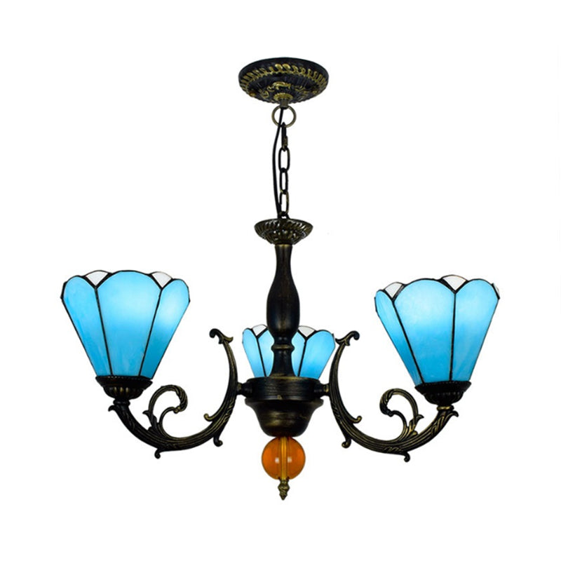 Vintage Stained Glass Chandelier: Sky Blue Conic Shape 3 Lights - Decorative Hanging Light For