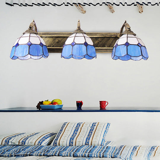 Mediterranean Dome Stained Glass Vanity Lighting With 3 Lights - Aged Brass Wall Sconce