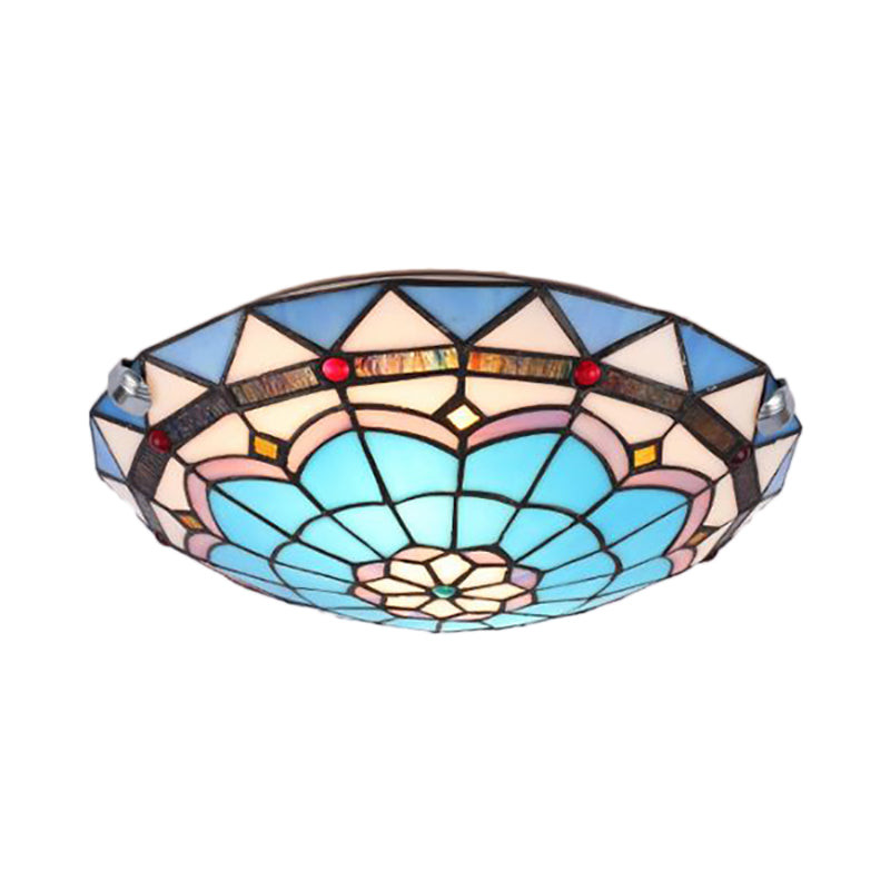 Baroque Bowl Flush Mount Stained Glass Ceiling Light In Blue/Blue - Brown - 12’/16’/19.5’ Wide
