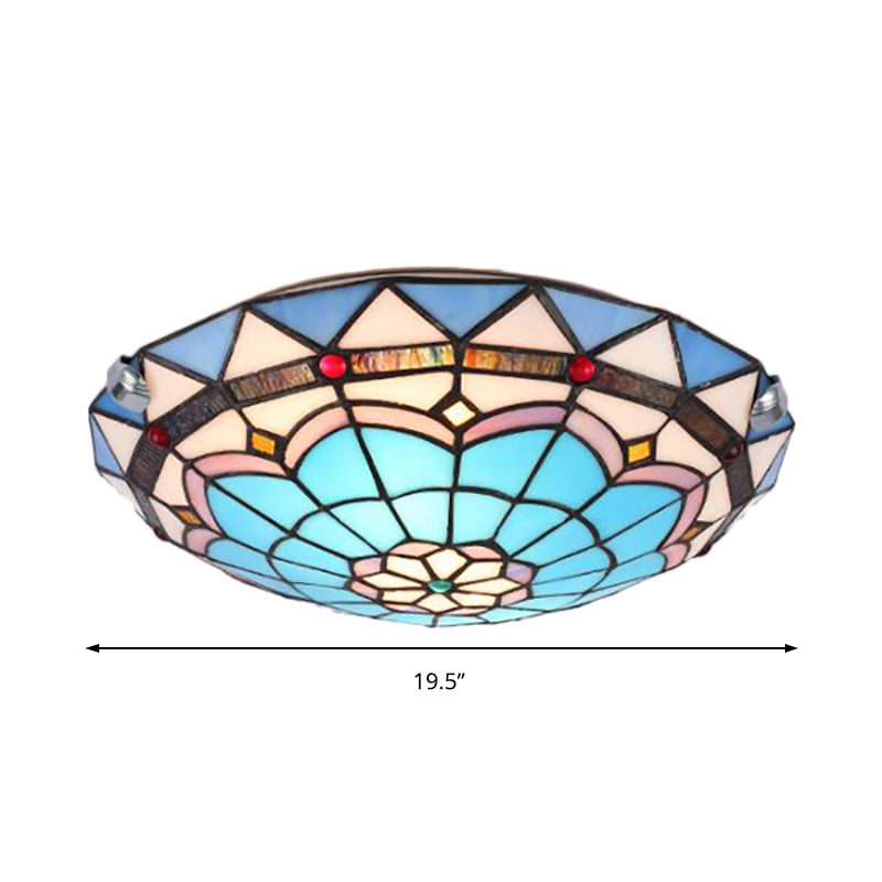 Baroque Bowl Flush Mount Stained Glass Ceiling Light In Blue/Blue - Brown - 12’/16’/19.5’ Wide