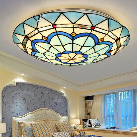 Baroque Bowl Flush Mount Stained Glass Ceiling Light In Blue/Blue-Brown - 12/16/19.5 Wide
