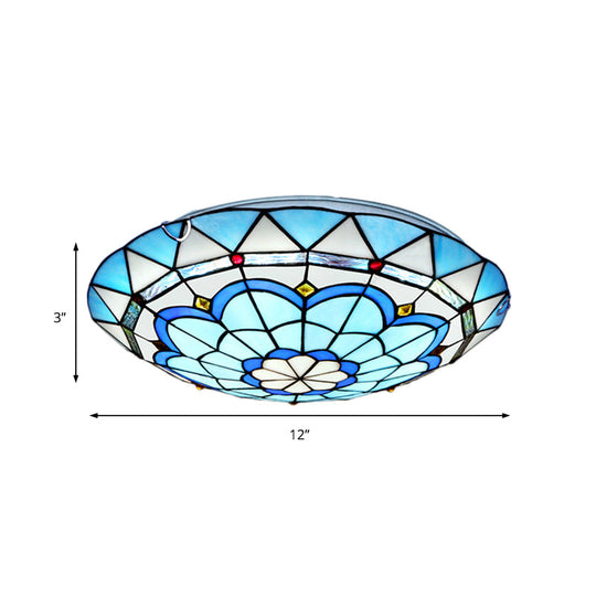 Baroque Bowl Flush Mount Stained Glass Ceiling Light In Blue/Blue-Brown - 12/16/19.5 Wide
