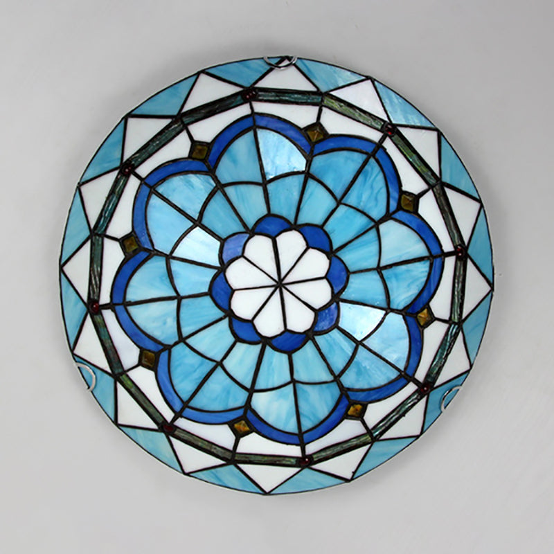 Baroque Bowl Flush Mount Stained Glass Ceiling Light In Blue/Blue - Brown - 12’/16’/19.5’ Wide