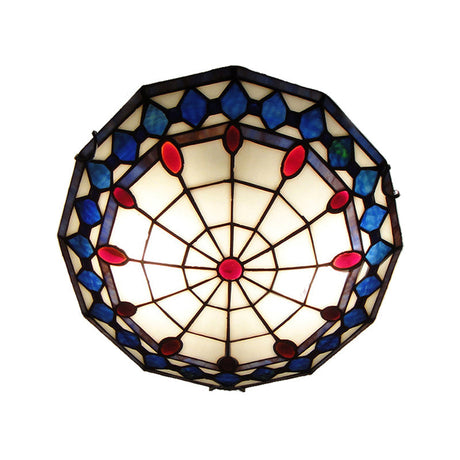 Vintage Tiffany Style Stained Glass Flush Ceiling Light - 3 Lights Art Deco Design Rhombus Pattern