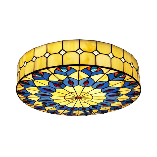 Tiffany Blue Peacock Design Flushmount Ceiling Light For Restaurants - 16/18 Round Shade