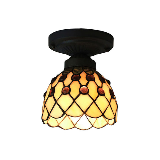 Retro-Style Cup Shade Semi Flush Mount Ceiling Light - Purple/Beige Glass Fixture With Jewel