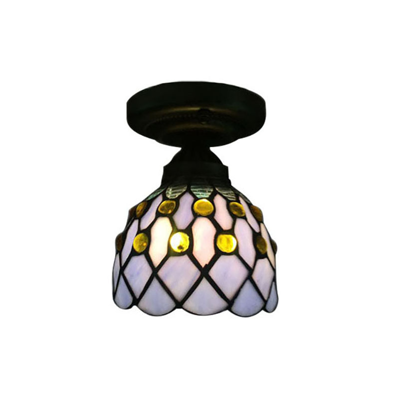 Retro-Style Cup Shade Semi Flush Mount Ceiling Light - Purple/Beige Glass Fixture With Jewel