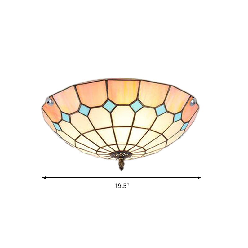 12’/16’/19.5’ Wide Pink Tiffany Ceiling Light With Grid Glass Bowl Shade - Perfect For Living