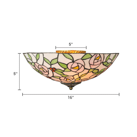 Tiffany Style Stained Glass Flushmount Light: Bowl Flower Ceiling Fixture Multicolor 3 Lights