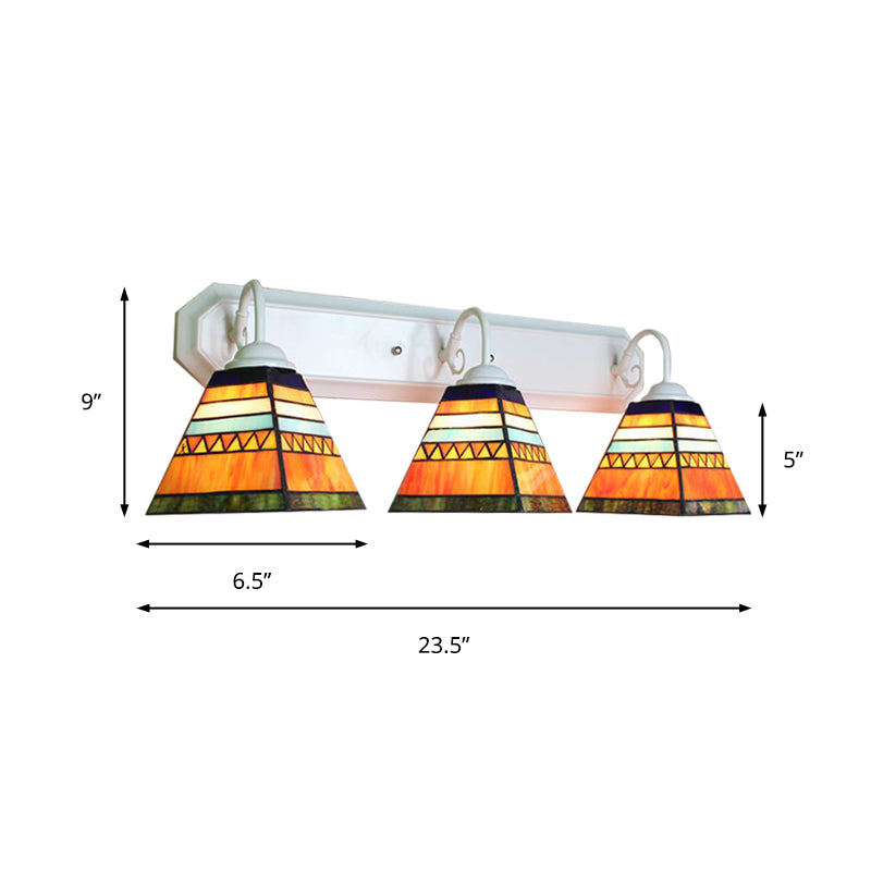 Tiffany Stained Glass Pyramid Sconce With 3 Orange Lamp Heads - Wall Mounted Light Fixture