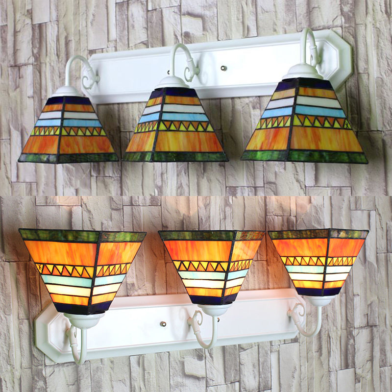 Tiffany Stained Glass Pyramid Sconce With 3 Orange Lamp Heads - Wall Mounted Light Fixture