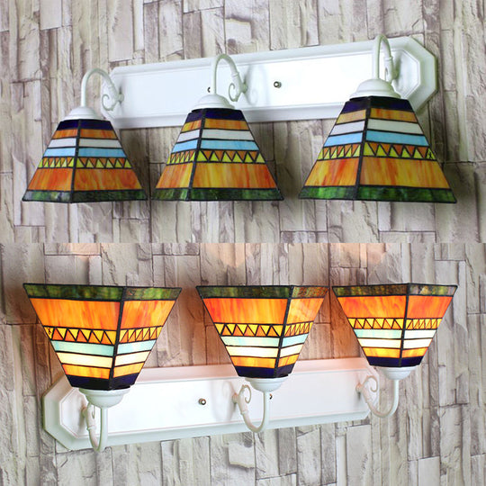 Tiffany Stained Glass Pyramid Sconce With 3 Orange Lamp Heads - Wall Mounted Light Fixture