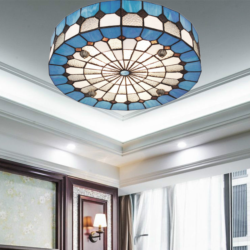 Tiffany Style Stained Glass Round Ceiling Light Fixture - Blue 16’/23.5’ Flushmount With 3/4