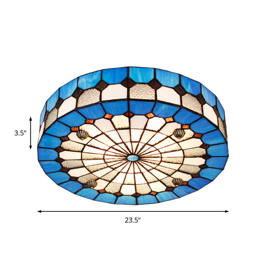 Tiffany Style Stained Glass Round Ceiling Light Fixture - Blue 16’/23.5’ Flushmount With 3/4