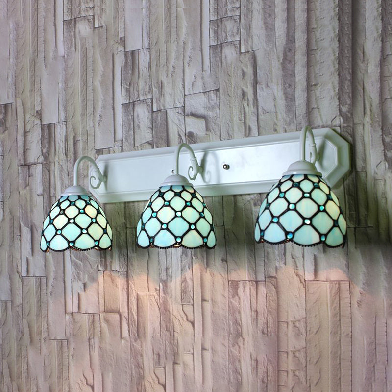 Tiffany Blue Glass Dome Wall Sconce With 3 Heads And Linear Backplate - Mountable Light Fixture