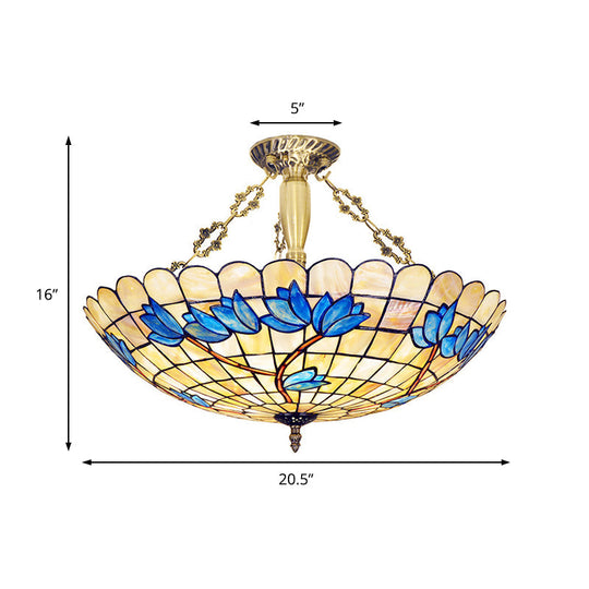 Vintage Stained Glass Ceiling Light Fixture - 4 - Light Semi Flush Mount For Dining Room Tulip