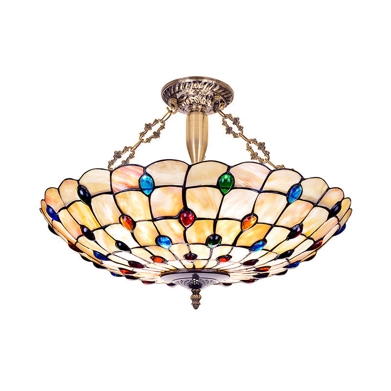 Vintage Stained Glass Ceiling Light With 4 Jewel Heads In Beige